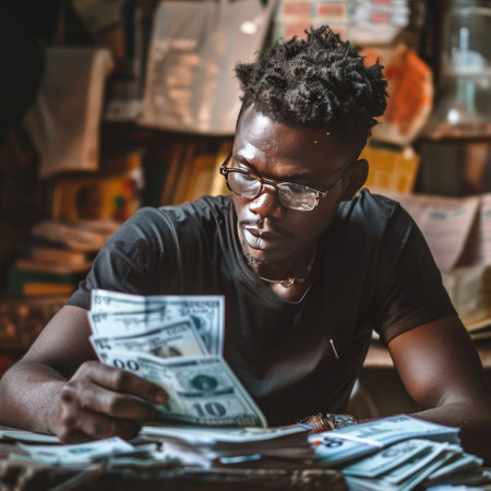 Portrait of a young African-American man counting money in his shop.の素材