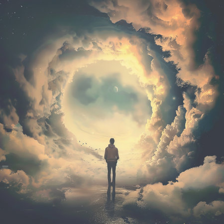 Man standing in the moonlight and looking at the sky with cloudsの素材