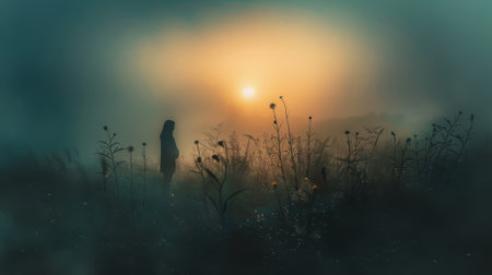 Foggy morning in the meadow. Silhouette of a woman standing in the fogの素材
