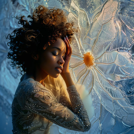 Beautiful african american woman with curly hairstyle posing on frozen window.の素材