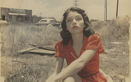 Young beautiful girl in a red dress on the nature. Photo in old color image style.の素材