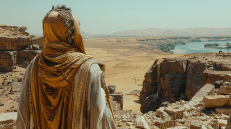 A woman in a headscarf in the desert of Egypt.の素材