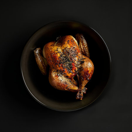 Roasted whole chicken on black plate, isolated on black background.の素材