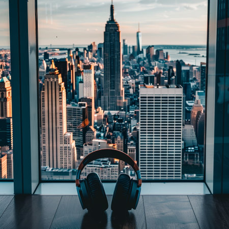 Headphones on the windowsill with a view of New York Cityの素材