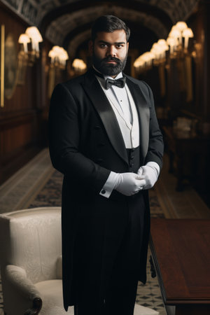 Elegant bearded man in tuxedo and bow tie.の素材