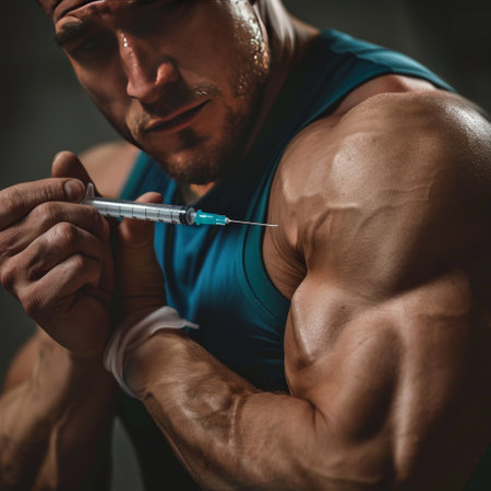 Close-up of a muscular man with a syringe for injectionの素材