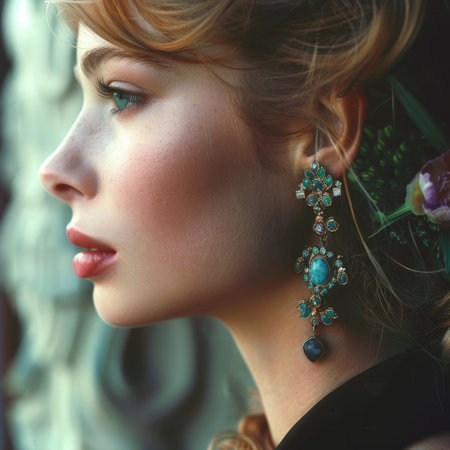Fashion portrait of beautiful young woman with turquoise earringsの素材