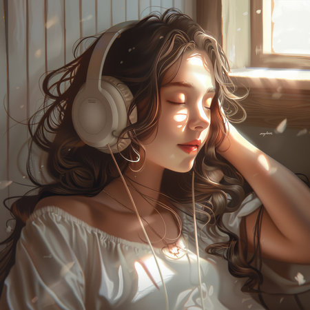Portrait of a beautiful young woman with headphones listening to music.の素材