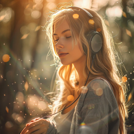Portrait of a beautiful young woman listening to music with headphones.の素材