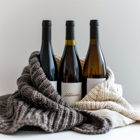 Bottles of wine on a gray background with knitted scarf.の素材