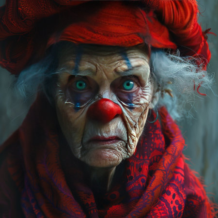 Portrait of an old woman with a clown nose and red scarfの素材