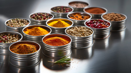 Spices and herbs in metal containers on metal background, closeupの素材