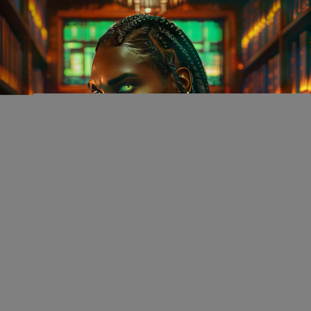 Beautiful african american woman with black dreadlocks in a library.の素材
