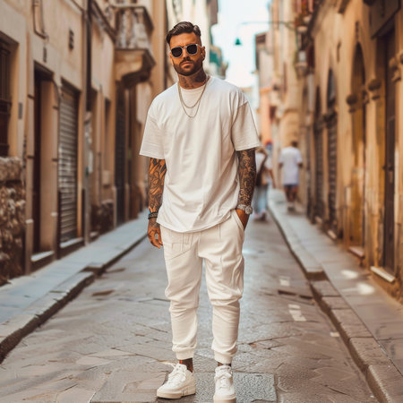 Handsome bearded hipster man with tattoos on his arms, wearing white T-shirt and sunglasses, walking in the cityの素材