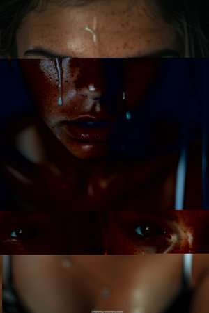 Collage of a young woman with blood on her face and bodyの素材