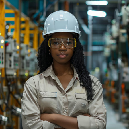 Portrait of confident female factory worker standing with arms crossed in warehouseの素材