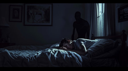 Young woman sleeping in bed at night. Silhouette of a man in the background.の素材