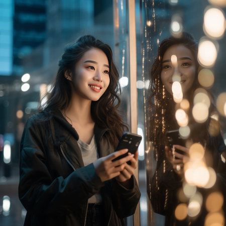 beautiful young asian woman using smartphone in the city at nightの素材