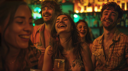 Group of friends having fun together at a bar - Young people having fun at a nightclubの素材