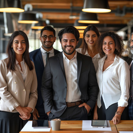 Portrait of happy diverse businesspeople standing together in office. Multiethnic group of employees looking at camera and smiling. Teamwork conceptの素材