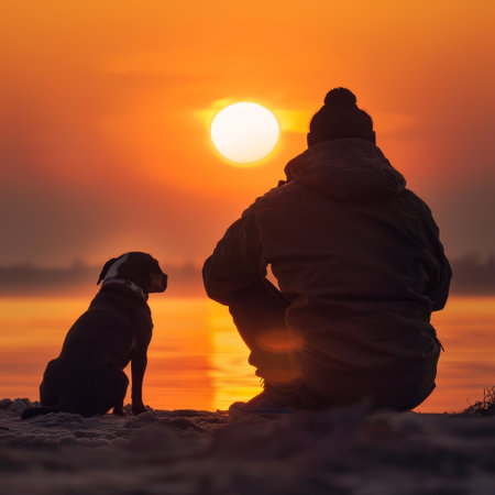 Silhouette of man and his dog on the beach at sunsetの素材