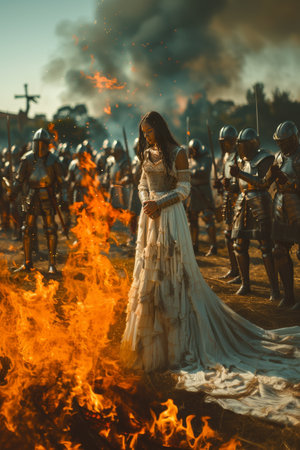 Medieval woman in a white dress at the reenactmentの素材
