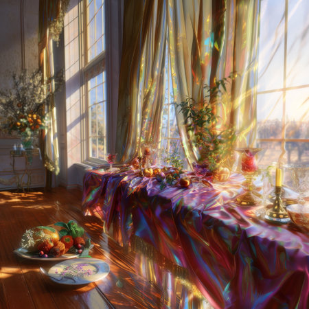 The interior of the living room is decorated with a glass of wine, fruits and a large window.の素材
