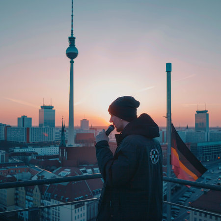 Young man with flag of Germany on the background of the TV tower in Berlinの素材