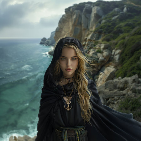 Portrait of a beautiful young woman with long hair in a black cloak on the background of the seaの素材