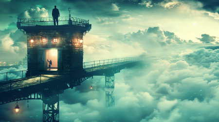 Silhouette of a man standing on the bridge in the cloudsの素材