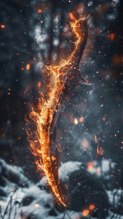 Fiery scythe in the winter forest. Scary scene.の素材