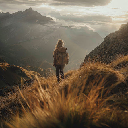 Hiker standing on the top of the mountain and looking at the sunriseの素材
