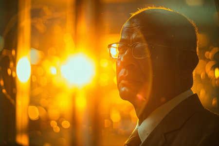 Portrait of a man with glasses looking out the window at nightの素材