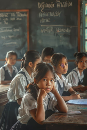 Portrait of a schoolgirl sitting at her desk in the classroomの素材