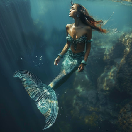 Beautiful mermaid in the sea. Fantasy and underwater world.の素材