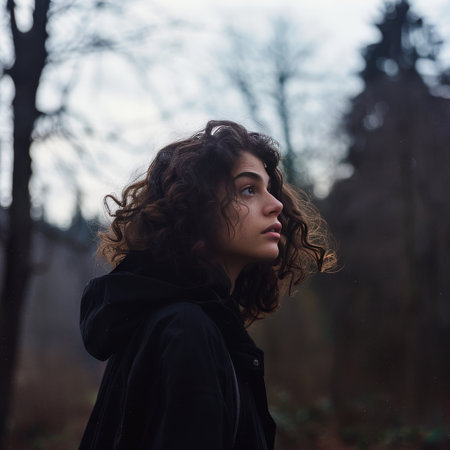 Portrait of a beautiful girl with curly hair in a black coat.の素材
