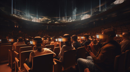 Cinema auditorium with people watching movie in 3D cinemaの素材