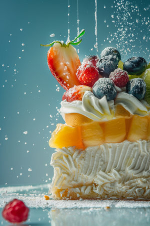 Piece of fruit cake with whipped cream and berries on blue backgroundの素材