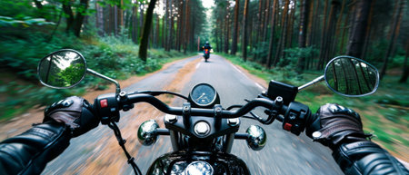 Motorcyclist riding a motorcycle on a forest road. Motion blur.の素材