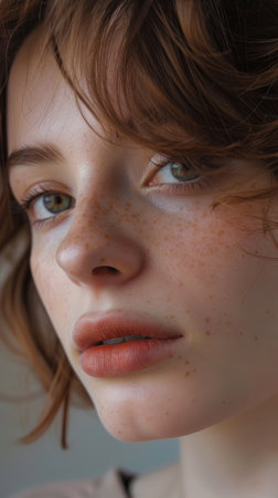Portrait of a red-haired girl with freckles on her faceの素材