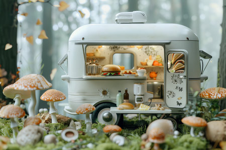 Food truck in the forest. Miniature model of food truck.の素材