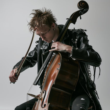 Young man playing the cello. Studio shot over grey background.の素材