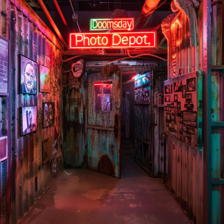 3d rendering of an old abandoned drugstore with neon lights.の素材