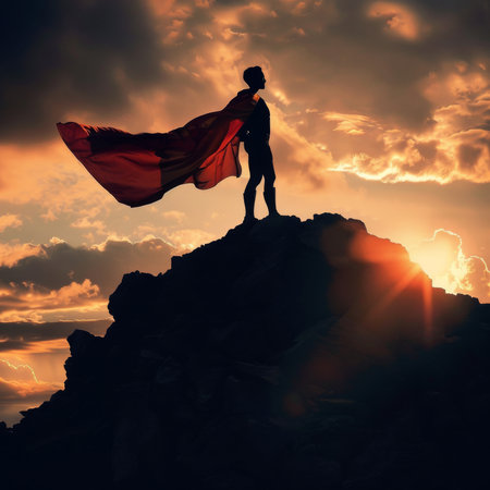 Silhouette of a superhero standing on the top of a mountainの素材