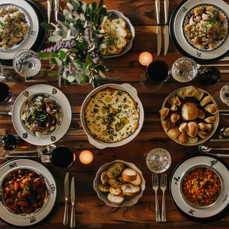 Top view of different types of food served on a wooden table.の素材