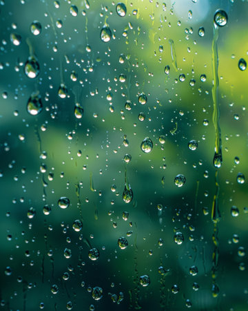 rain drops on the glass with green background, shallow depth of fieldの素材