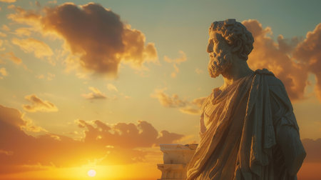 Statue of Apollo in front of sunset sky. The ancient Greek city of Side.の素材