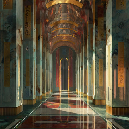 3D rendering of a corridor inside a temple in the middle of the cityの素材
