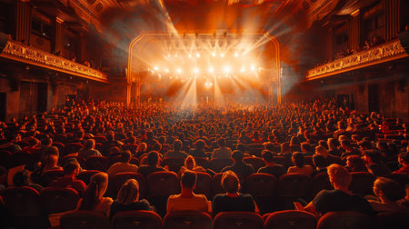 Crowd of people attending a concert in a theater, back viewの素材