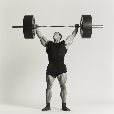 Muscular man lifting a barbell on a gray background. Isolated.の素材
